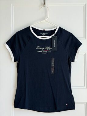 Tommy Hilfiger Navy Short Sleeve Logo Ringer Tee with White Trim